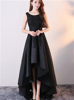 Picture of Black Color Satin with Lace High Low Prom Dresses, Fashionable Homecoming Dresses